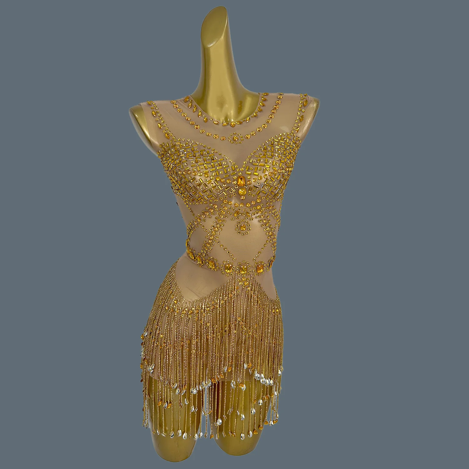 Summer Sparkly Golden Rhinestone Tassel Ultra Short Dress Women Sexy See Through Mesh Evening Dress Dance Wear Party Outfit Suya