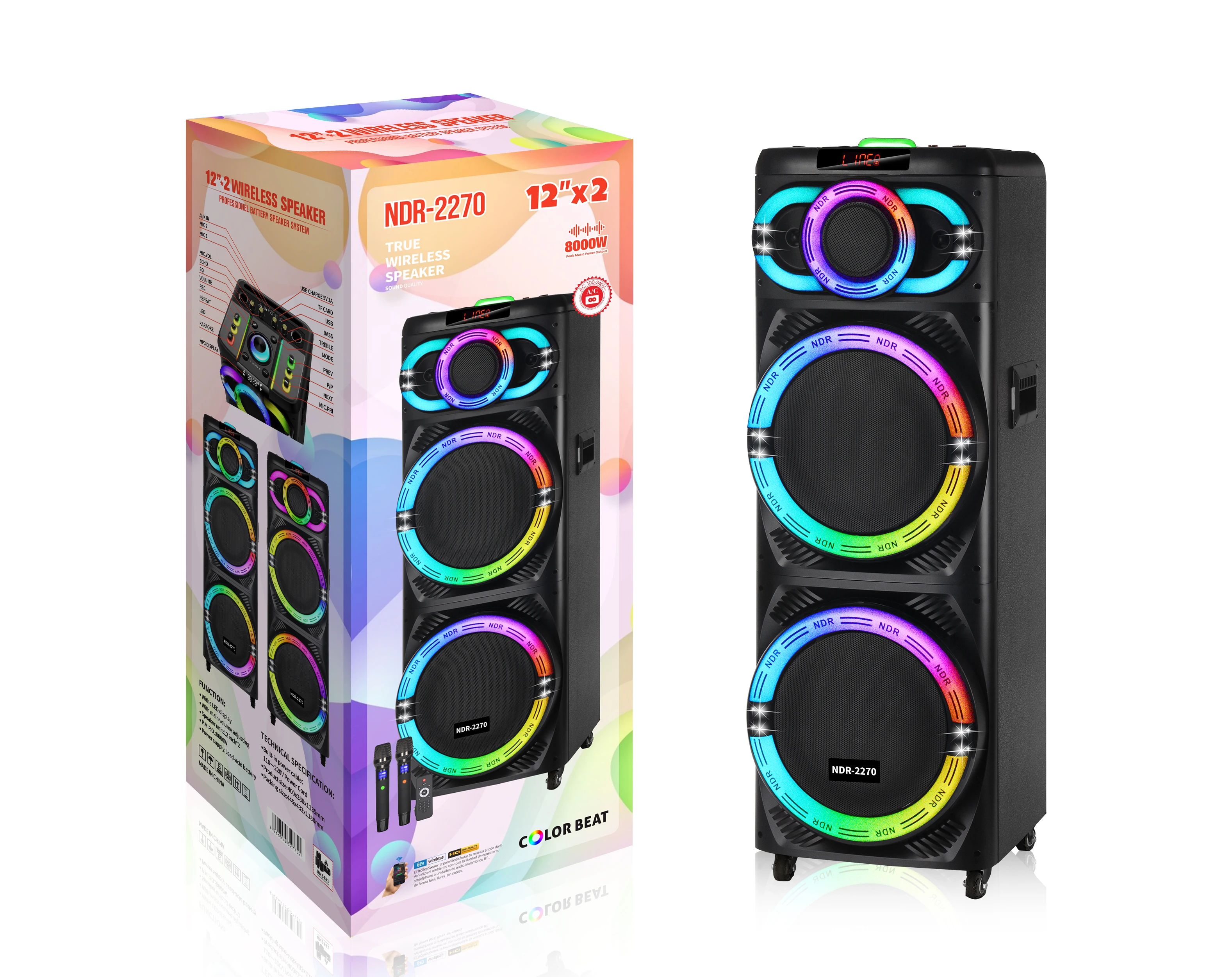 NDR-2270 Model Big Power Dual 12 Inch Woofer Party Speaker Wireless Mic RGB Lighting For Karaoke Factory Direct Sales