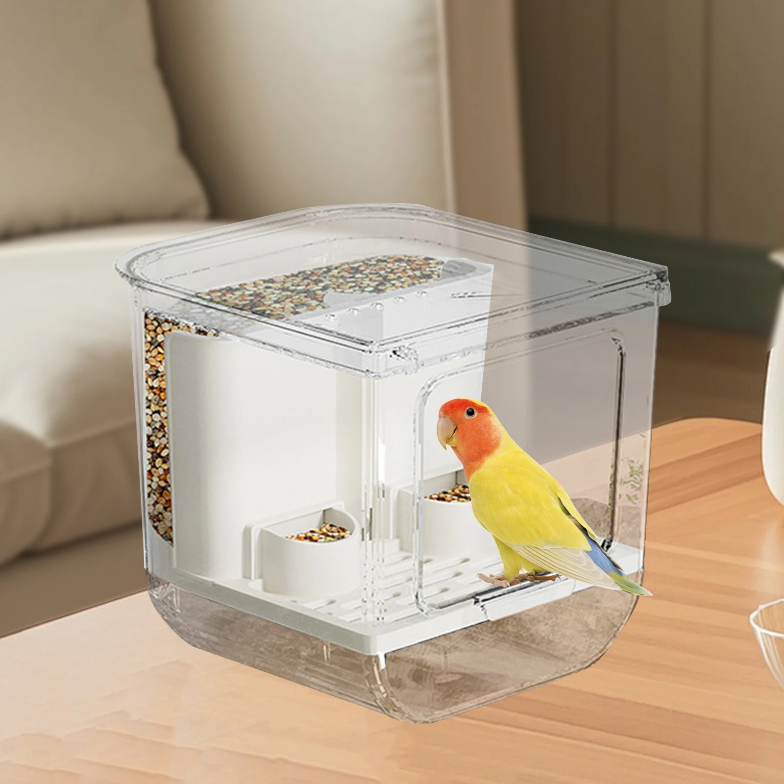 Automatic Bird Feeder Food Dispenser Transparent Feeding Cage Accessories Container for Small Pet Budgies Canary 16.5x18x16.6cm