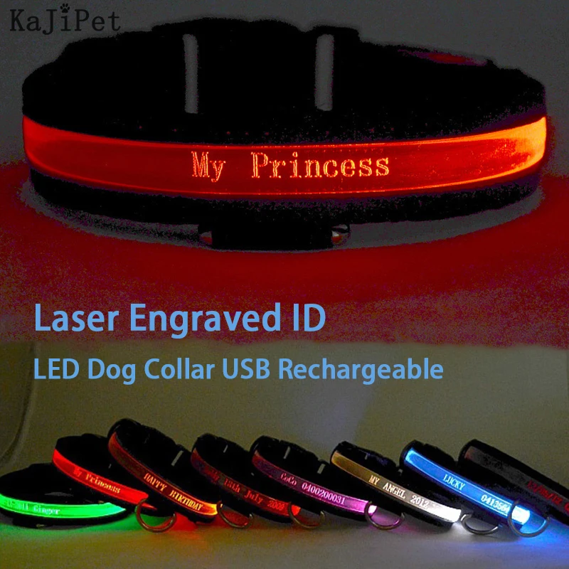 Engraved ID LED Dog Collar Luminous USB Custom Dog Tag Personalized Nylon Pet Dog Collar Led USB Light Night Safety Collar Perro