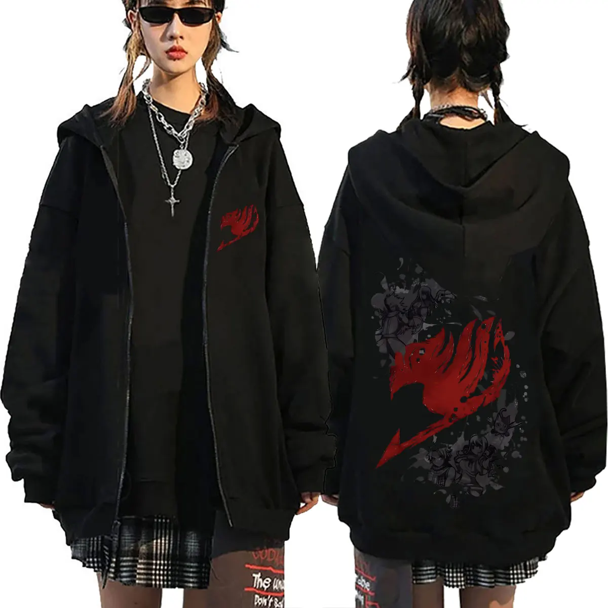 Anime Fairy Tail Logo Graphic Zipper Hoodie Men Women Manga Oversized Zip Up Jacket Male Cosplay Casual Retro Zip Up Sweatshirt