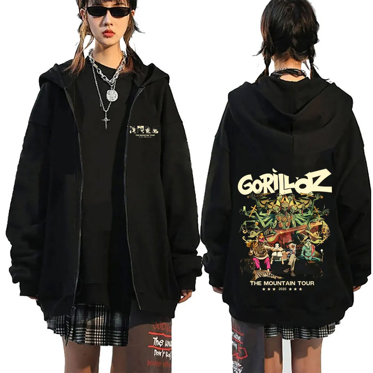 Rock Band Gorillaz Tour 2026 Zipper Hoodie Men Women Retro Gothic Punk Zip Up Jacket Men's Casual Oversized Zip Up Sweatshirts