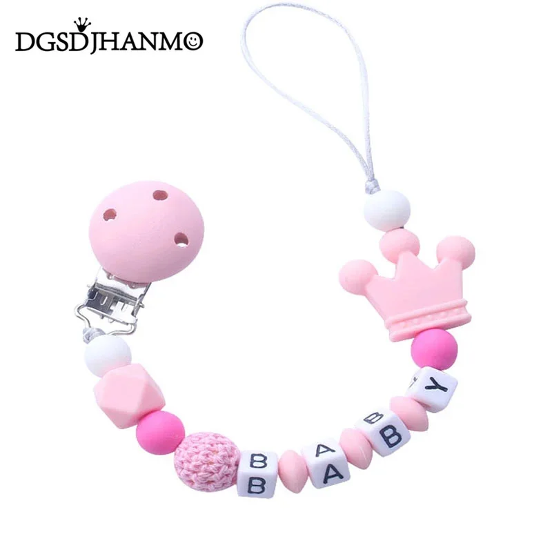 Custom Free Personalized Name Baby Pacifier Holder Chain Handmade Silicone Crown Safe Teether Newborn Chew Gift