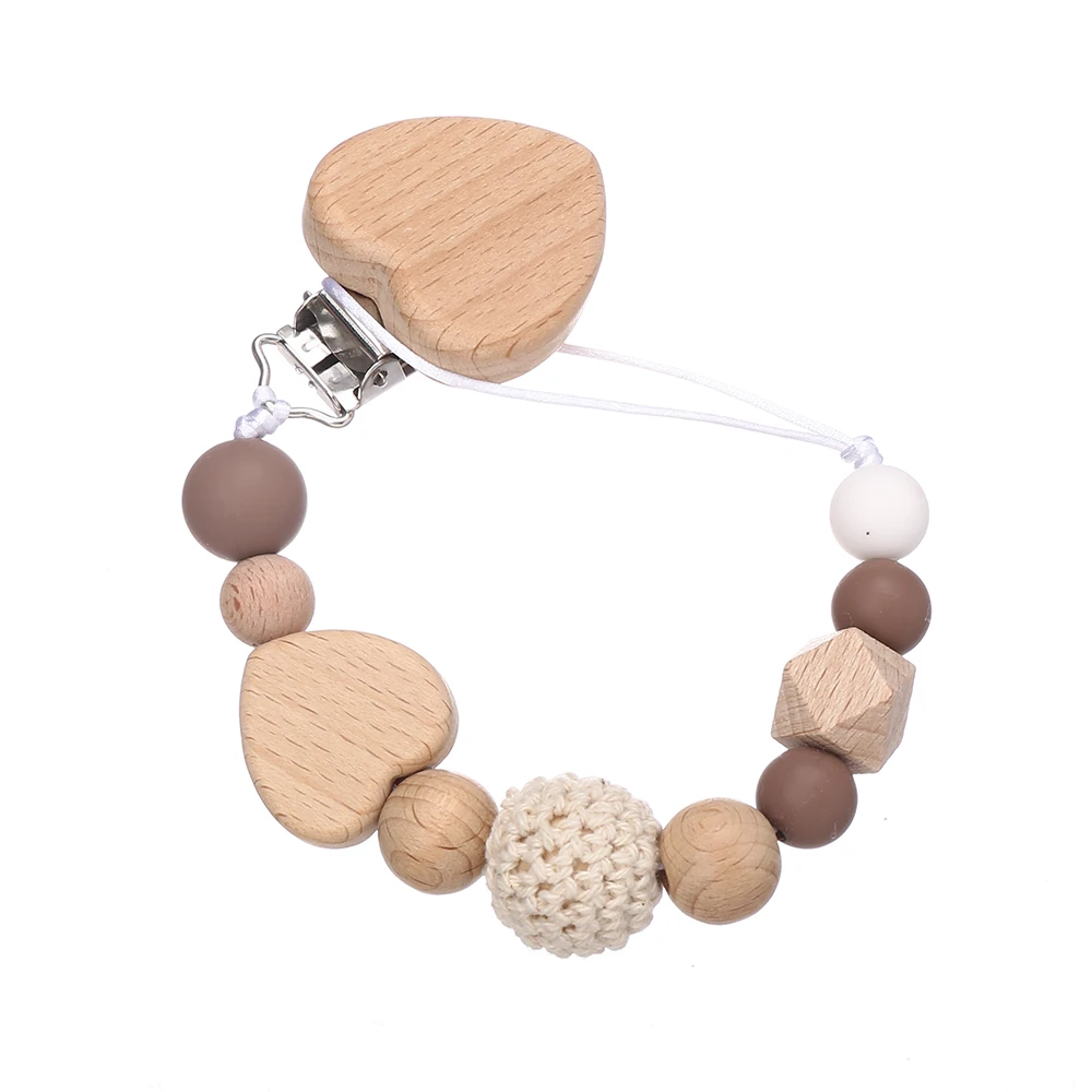 Handmade Heart Wooden Pacifier Clip Silicone Beads Natural Beech Wood Baby Shower Gift