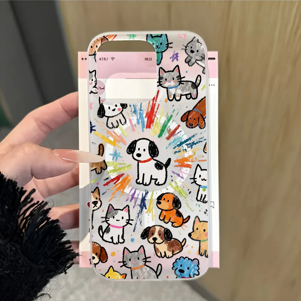 Cartoon Cats And Dogs Clear Magnetic Phone Case For iPhone 15 Pro 14 13 17 16 11 12 Pro Max For Magsafe Wireless Charging Cover