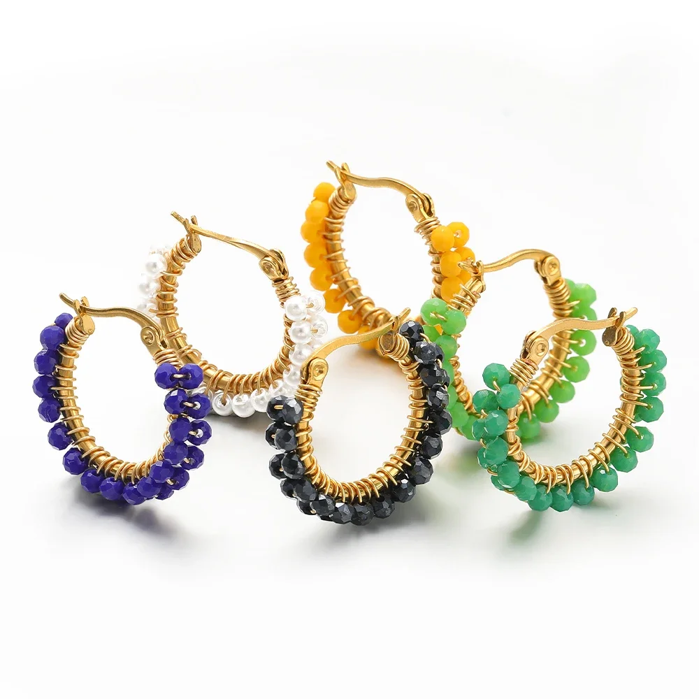 1 Pair Crystal Beads Wire Winding Earrings Stainless Steel Retro Design Sense Earrings Women Versatile Fashion Street Jewelry