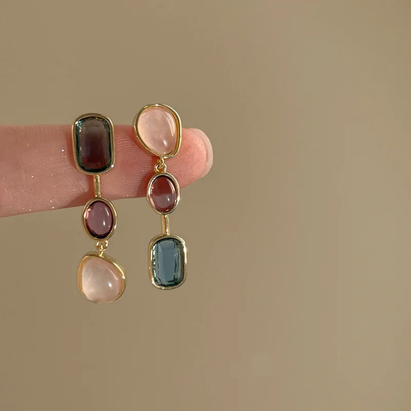Asymmetric Colorful Gem Earrings for Women Silver Needle Medium Antique Contrast Earrings Design Sense High Quality Wholesale