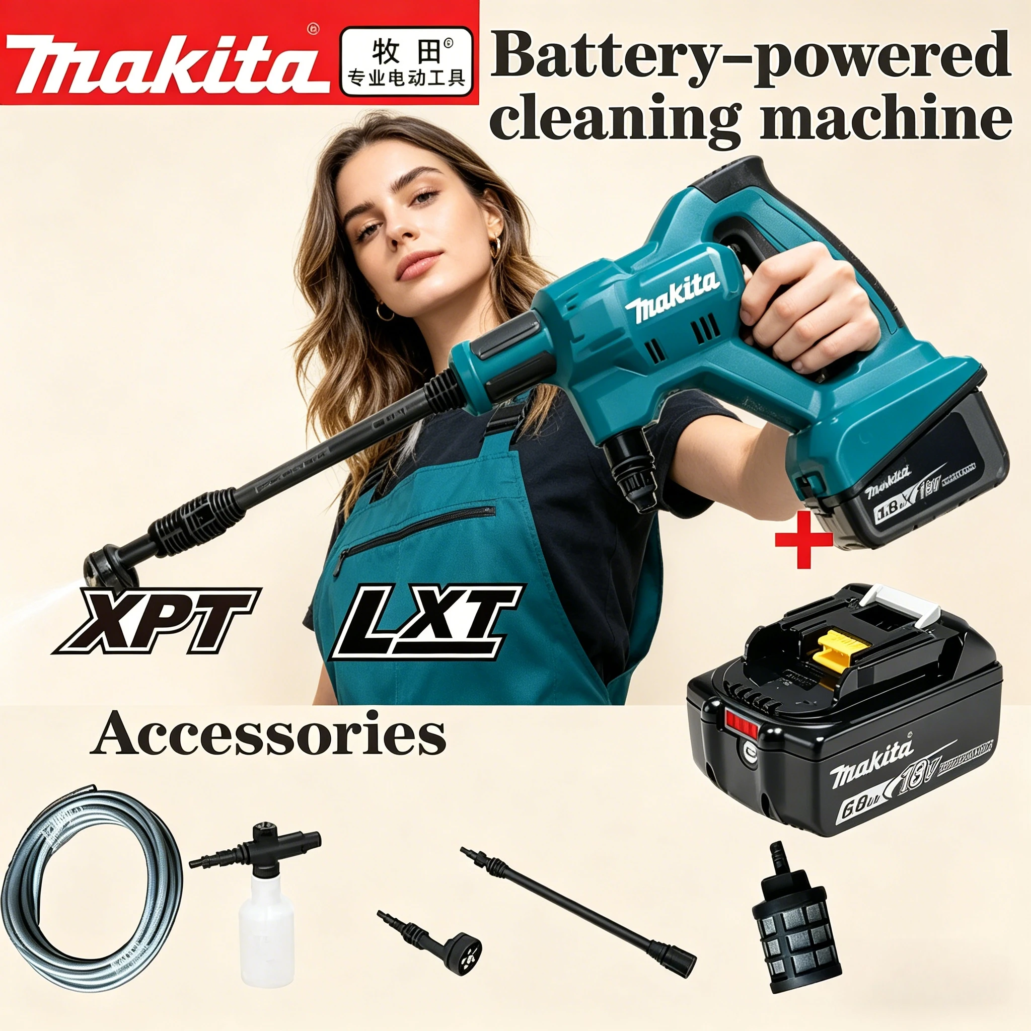 Portable Outdoor High Pressure Water Gun Makita DHW180 18V Lithium Battery 5 Spray Modes for Car Wash Yard Driveway Garden