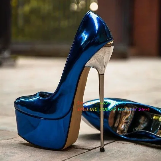 Blue Liquid Shiny Platform Super High Heel Pumps Women Sexy 19cm Metal Silve Heel Steel Pipe Dance Plus Size Stilettos Customize