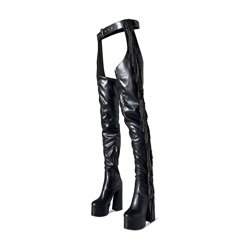 2026 Tassel Black Side Zipper Over Knee Boots 36-47 Waterproof Platform Round Head Steel Pipe Dance Boots 15cm Thick Heel Boots