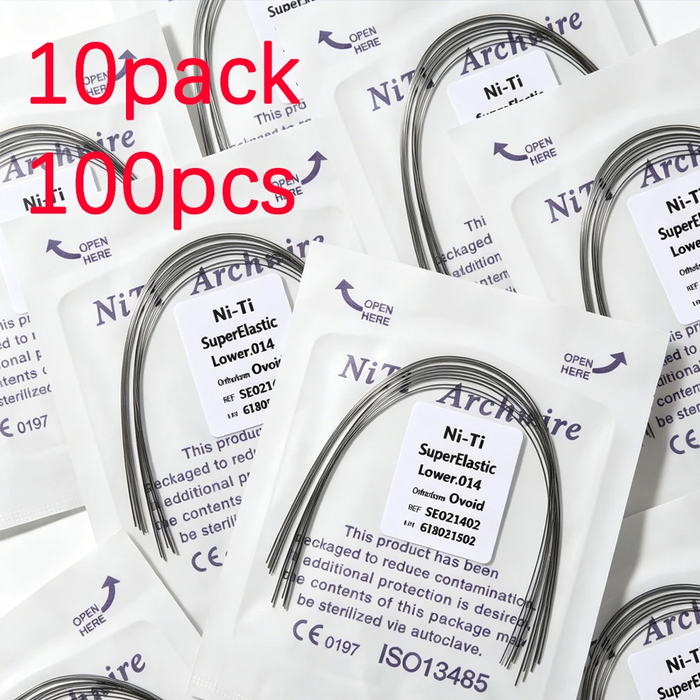 100 Pcs Super Elastic NiTi Orthodontic Arch Wires Assorted Round Rectangular Ovoid Shapes 10 Pack Dental Braces for Dentists