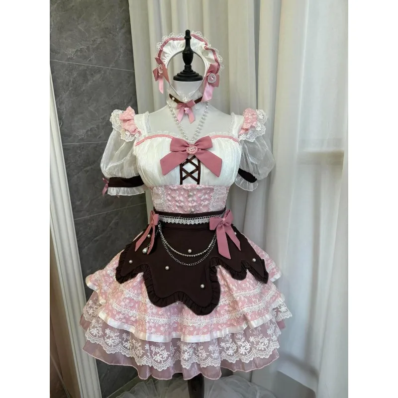 Sweet Y2k Lolita Maid Square Neck Puff Sleeves Lace Bow 2 Piece Dress Set Chocolate Pink White Tiered Birthday Dresses for Woman