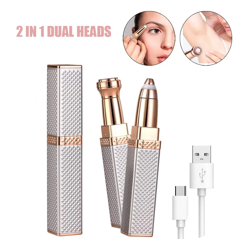 2in1 Electric Lipstick Shaver Eyebrow Armpit Leg Bikini Hair Removal Trimmer Painless USB Charging Dry Battery Women Epilator