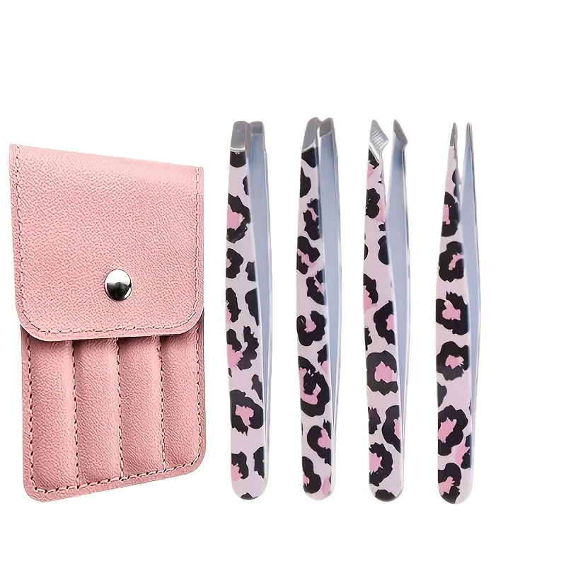 Leopard Print Eyebrow Tweezers Set Compatible for Mustache & Beard Grooming High-Precision Stainless Steel Hair Removal