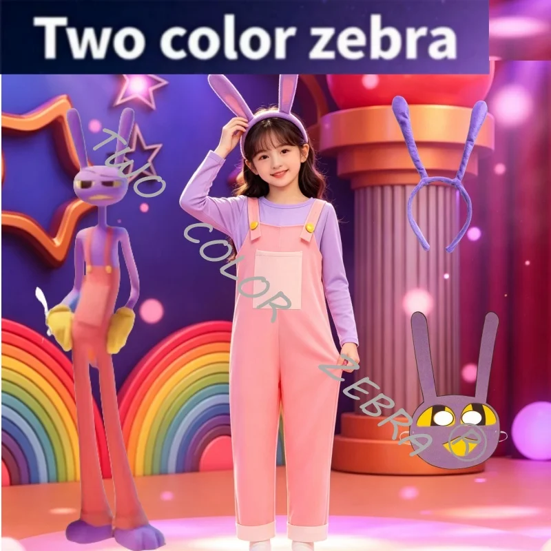 The Amazing Digital Circus Rabbit Jax Cosplay Costumes Masks Rabbit Ear Hairband Pink Overalls Purple Long Sleeve Shirt for Kids