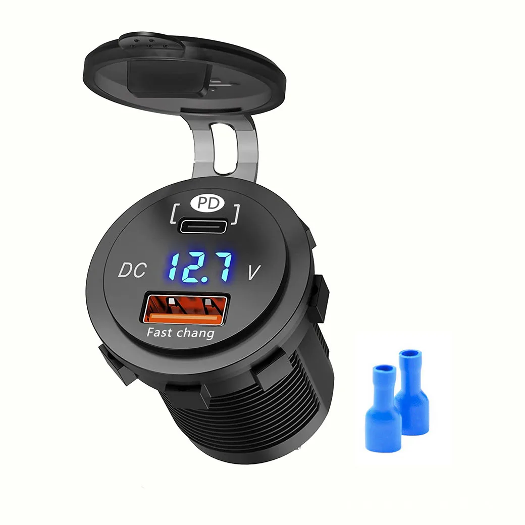 High Power Car USB Charger QC3.0 PD C-Type USB Socket Suitable for 12V/24V Vehicles Boats Motorcycles Buses Trucks Canopies Etc