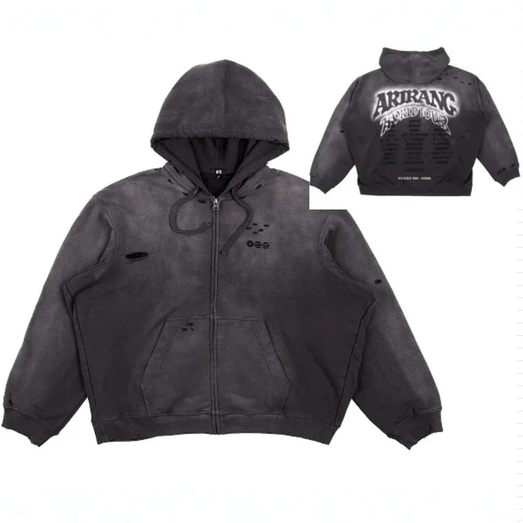 Men Arirang 2026 What Is Your Love Song New Retro Washed Grey Hoodie Casual zipper jacket Sports Streetwear Birthday Gift