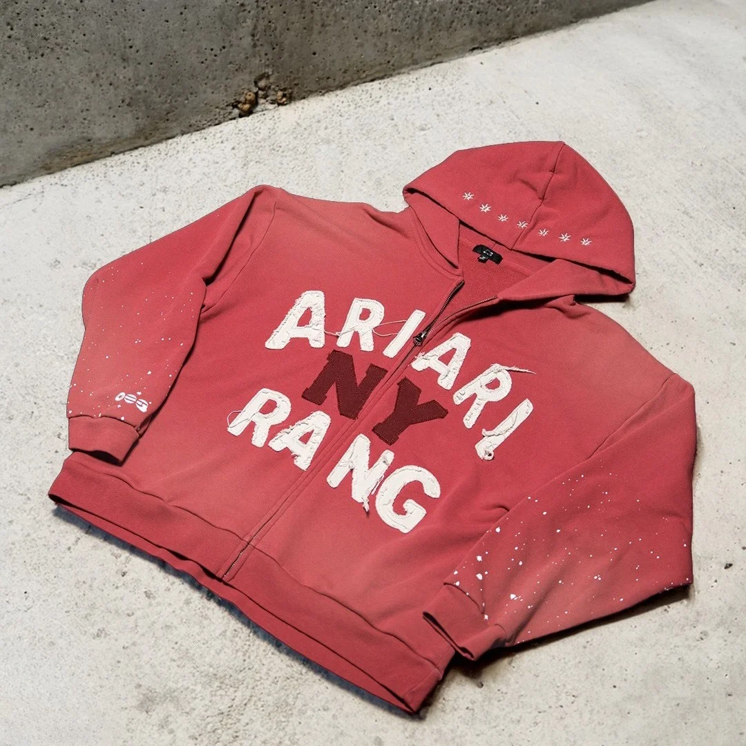 Arirang Washed Red Zip Up Cropped High Quality Hoodie Raw Cut Patch Number Decoration Loose Casual Street Style Fans Jacket