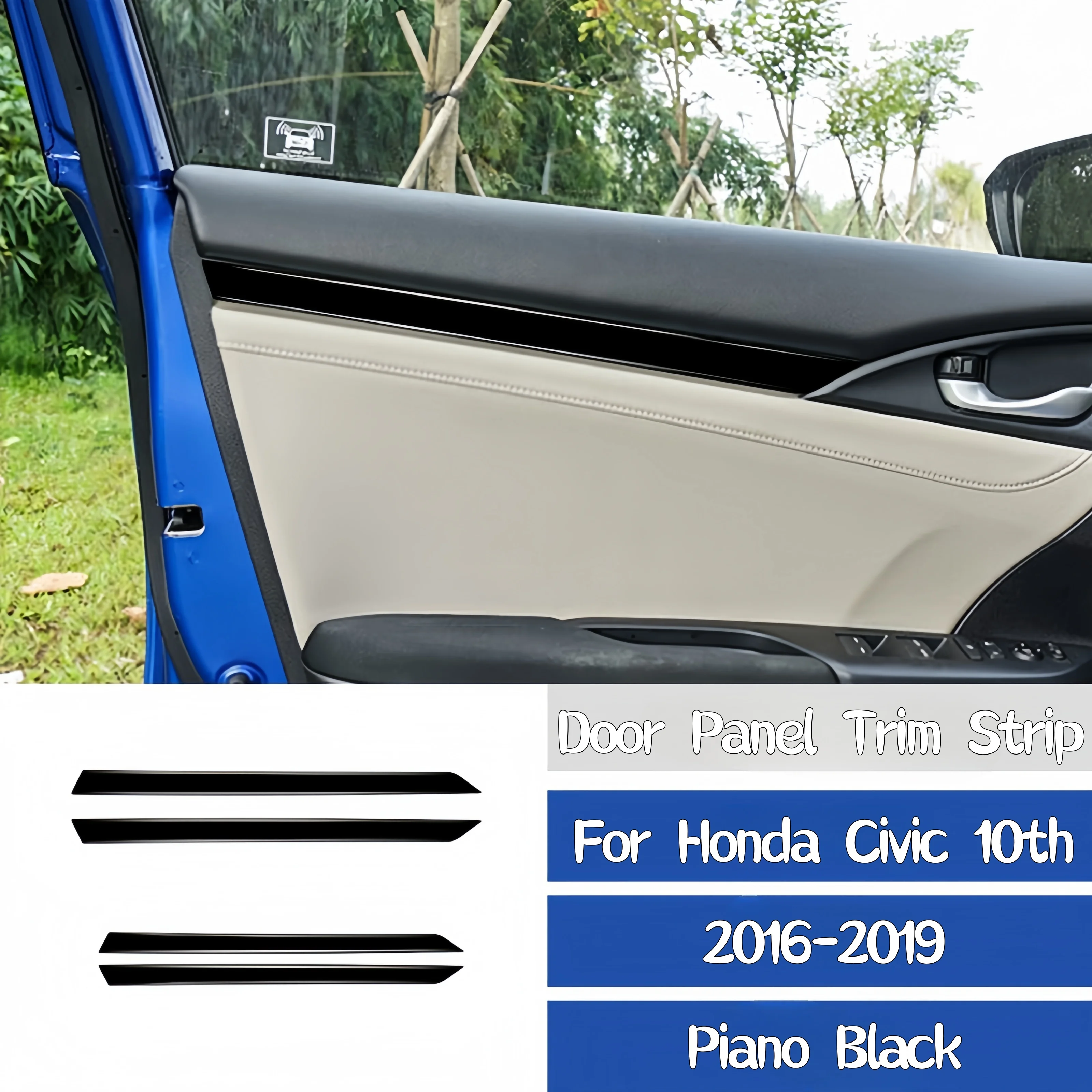 For Honda Civic 10th Gen 2016-2019 Piano Black Car Interior Door Panel Trim Strips Decoration Sticker Accesorios Para Auto