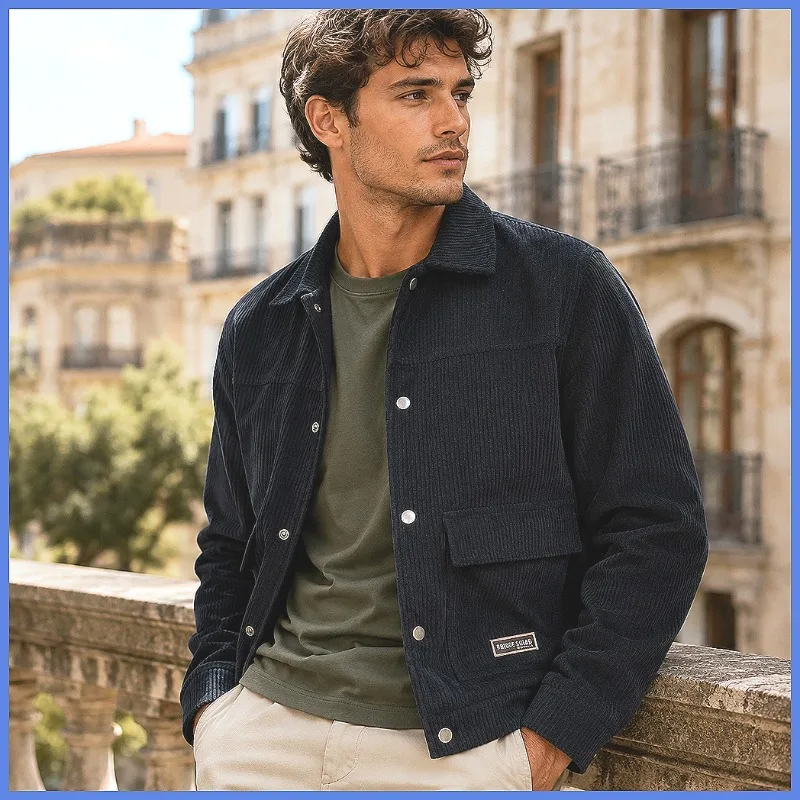 UETEEY Men's Spring Autumn Casual Corduroy Jacket Solid Color Loose Fit Turn Down Collar Vintage Oversized Streetwear Versatile