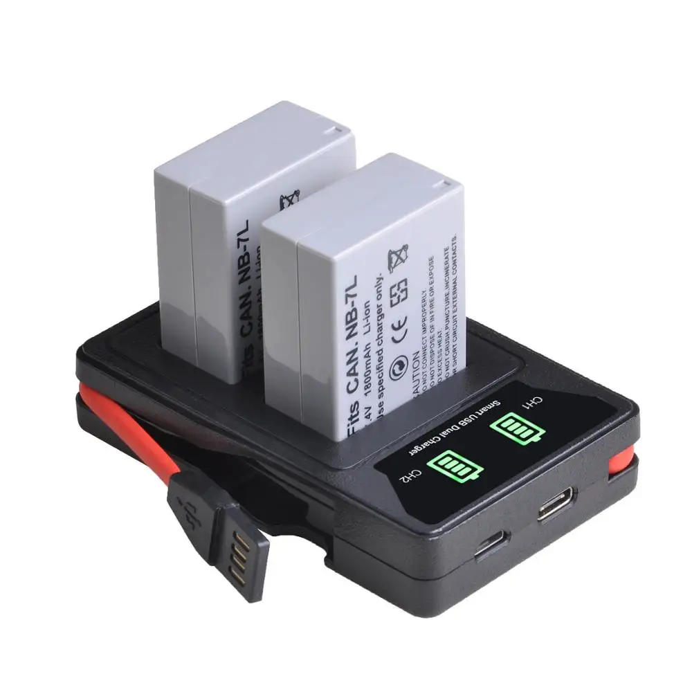 1800mAh NB-7L NB 7L NB7L Battery + LED Dual USB Charger with type-C port for Canon PowerShot G10 G11 G12 SX30 SX30IS