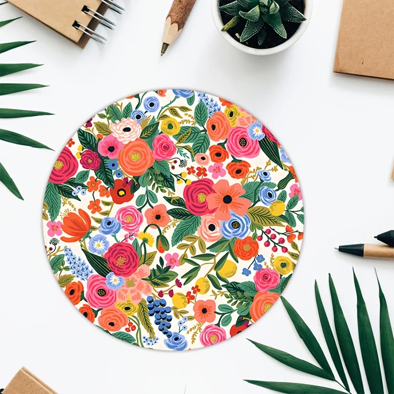 Boho Colorful Flowers Round Mouse Pad Small Desk Mat with Non-Slip Rubbe for School Home Mouse Mat Computer Laptop Keyboard Pad