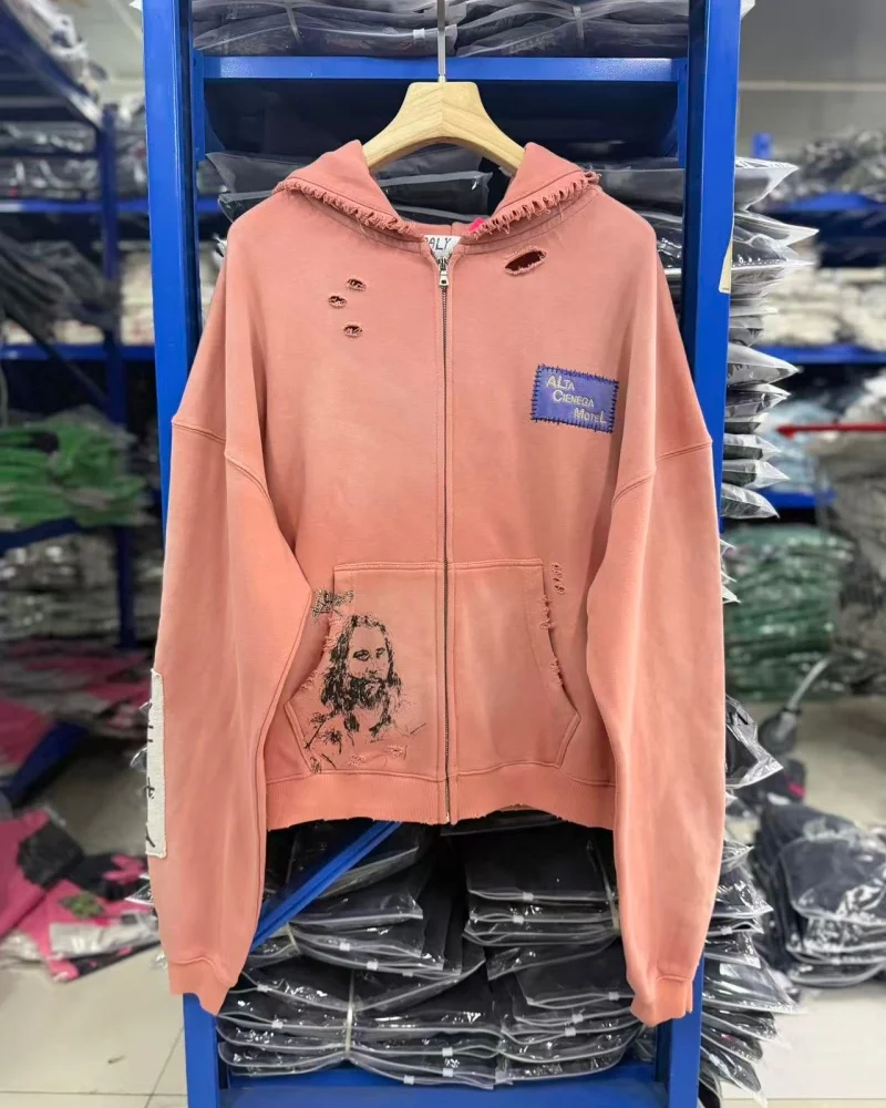 Winter High Street Pink Latest Patch Washed High-Quality Distressed Zipper Loose-Fit Cotton Unisex Paly Hoodie
