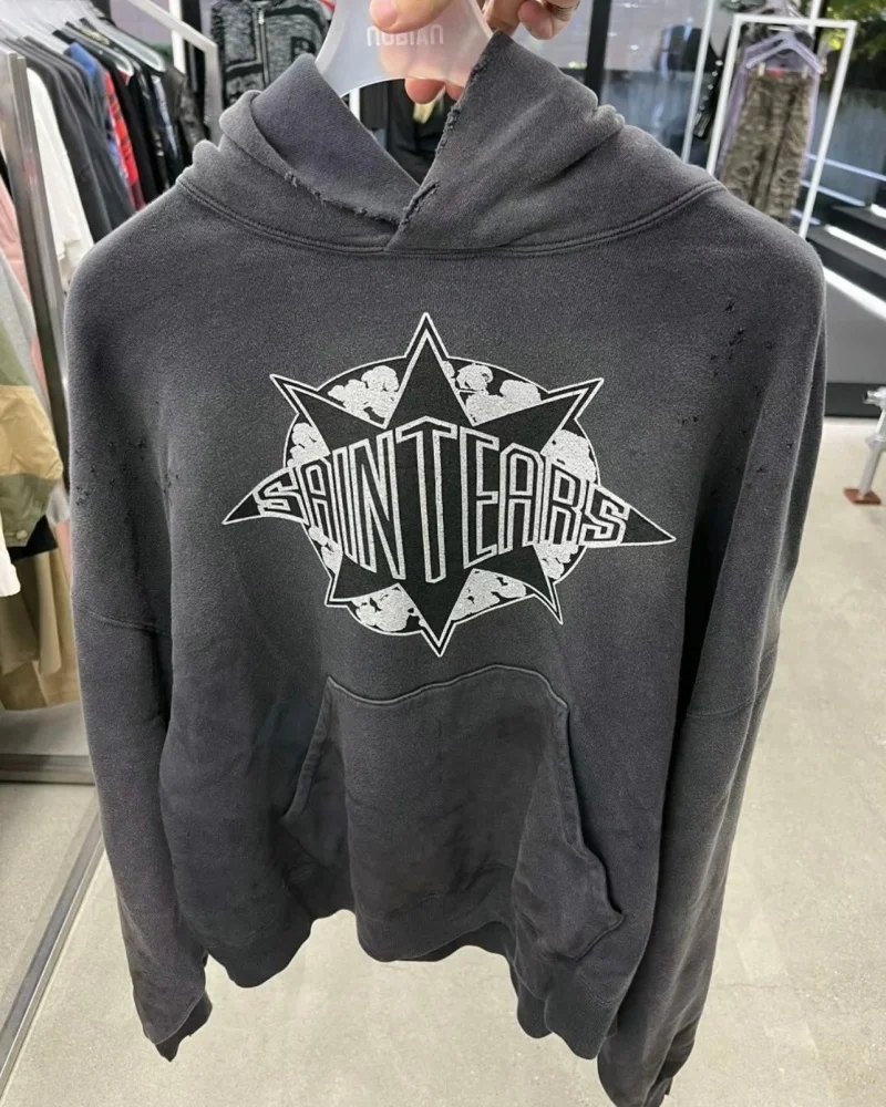SAINT Print Distressed Washed Oversized Gray High-Quality Men's Women's Winter Hoodie Sweatshirt