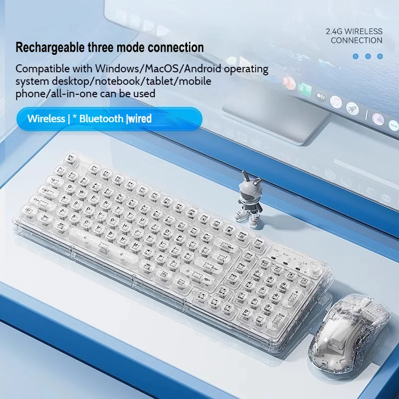 Transparent RGB Full-Color Backlight Bluetooth Wireless Keyboard 3-Mode Connection Long Battery Life Mute Mechanical Keyboard