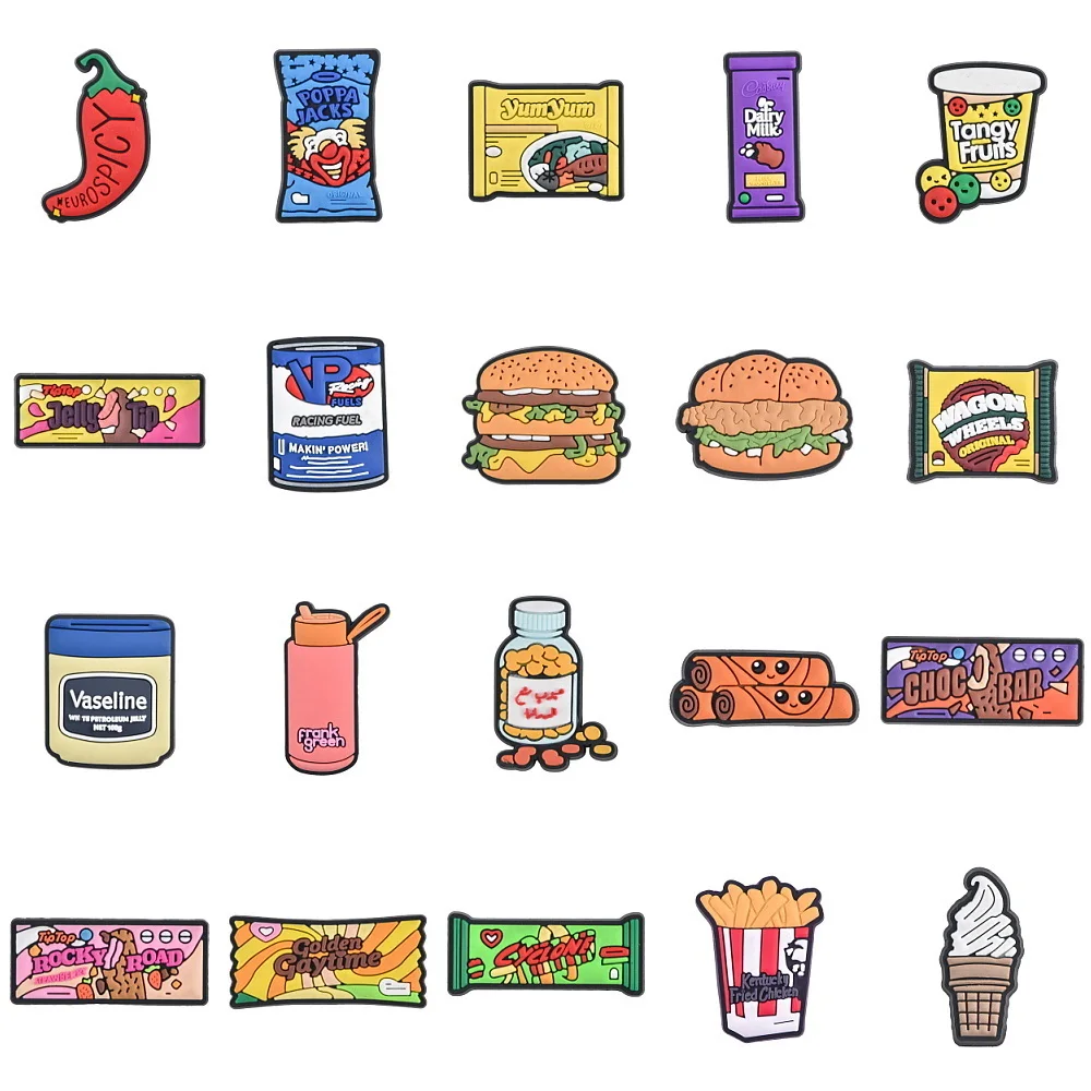 1pcs 2025 Fast Food Shoe Charms Cute Hamburger Chocolate Cookie Shoe Decoration Cartoon Bottle Pill Clog Charms Kids Adults Gift