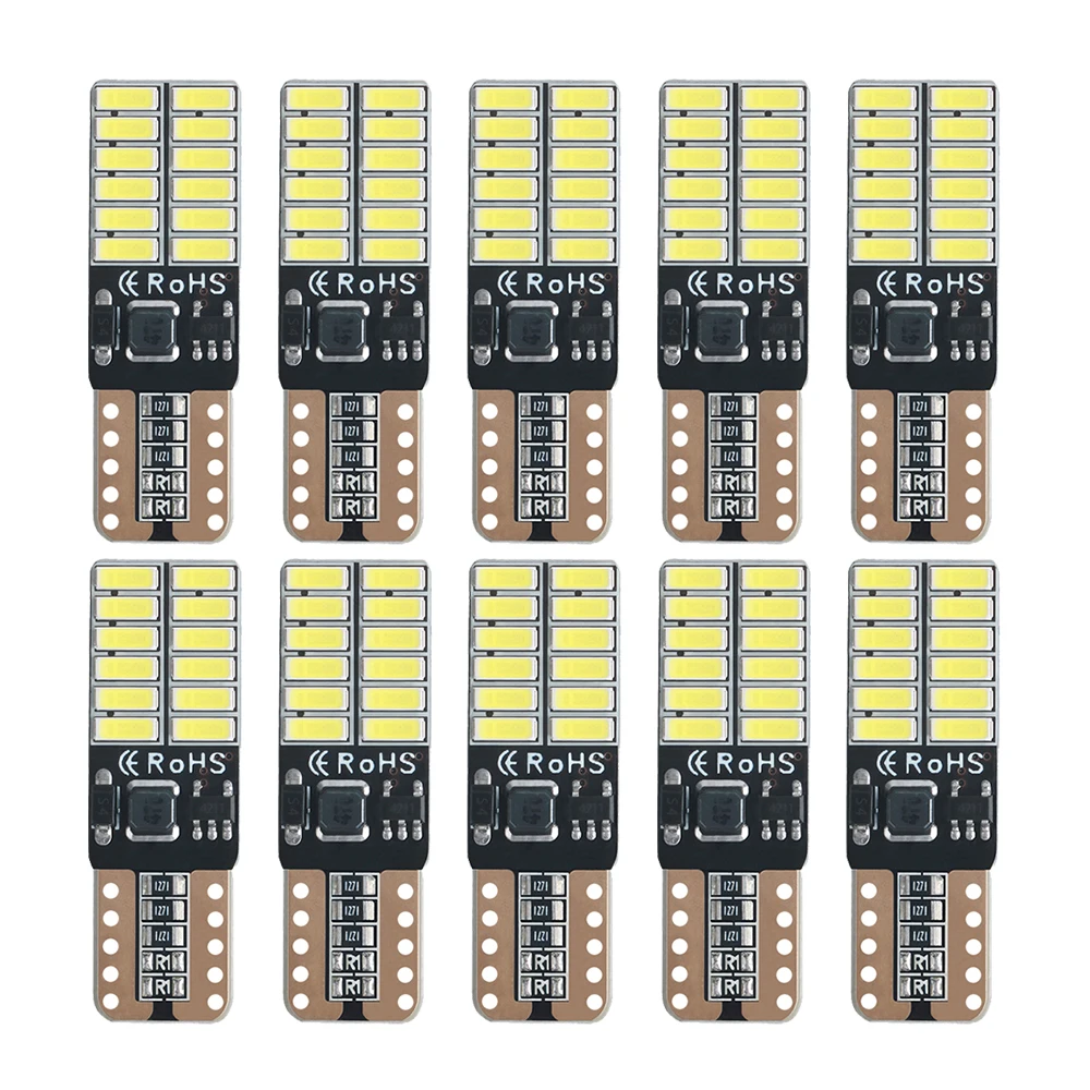 10pcs IC T10 LED Bulb Canbus 5W5 Car W5W LED Signal Light 12V 6000K Auto Wedge Side Interior Dome Reading Lamps 4014 24SMD White