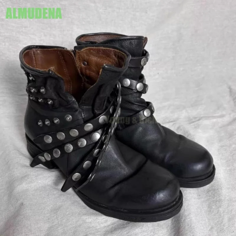 Unisex Vintage Distressed Ankle Boots Multi Wrap Silver Rivet Straps Side Zipper Round Toe Low Chunky Stack Heel Street Footwear