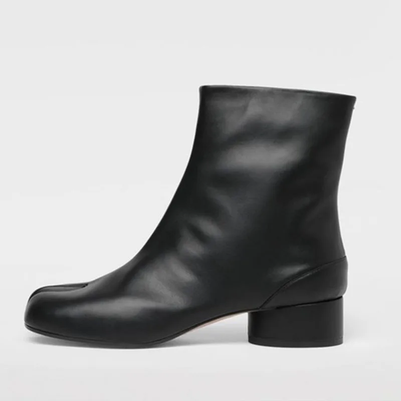 Luxury Brand Designer Genuine Leather Tabi Shoes Woman Split Toe Ankle Boots for Women Broken Mirror Silver Chunky Heels Booties