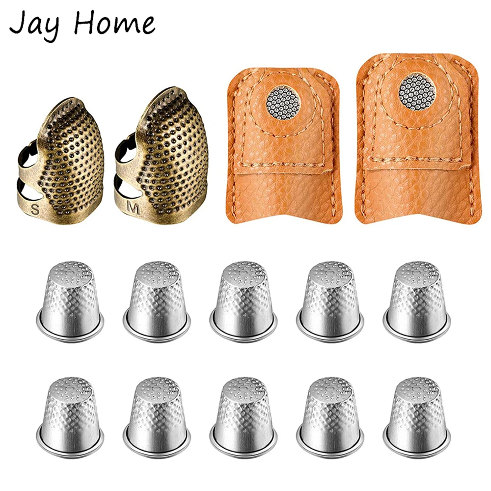 14Pcs Sewing Thimble Set Metal Copper Finger Protector Thimble Leather Coin Quilting Thimble Pad for Hand Embroidery Sewing Tool