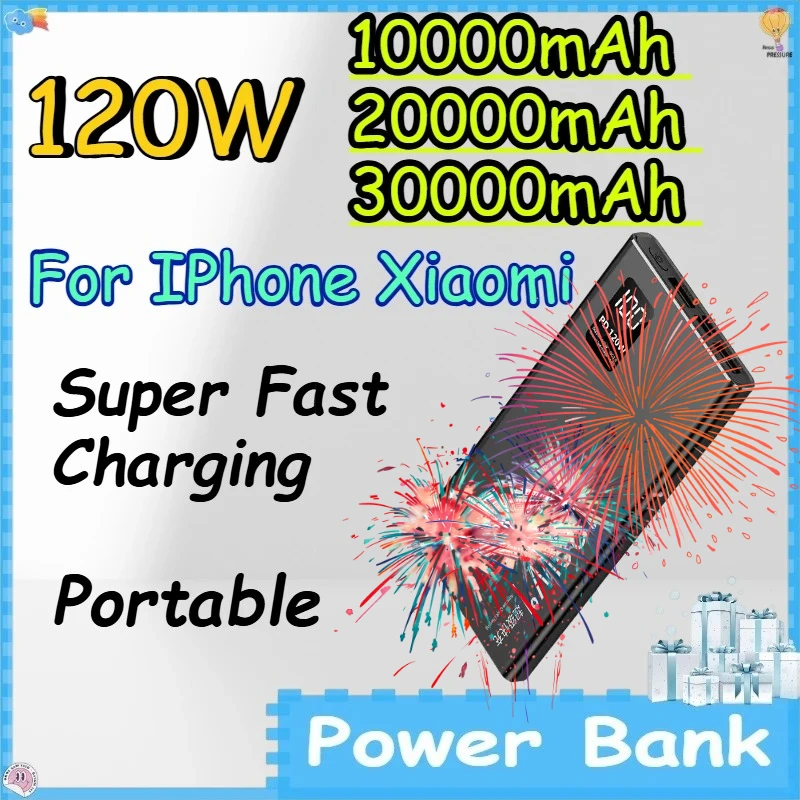 10000/20000/30000mAh 120W Power Bank for IPhone Xiaomi Super Fast Charging Portable powerbank Digital Display