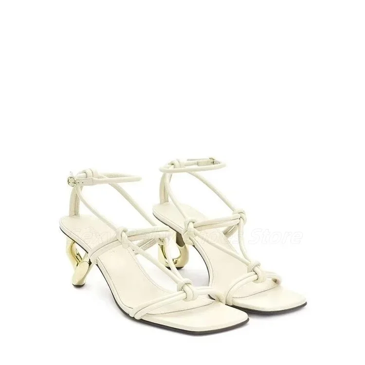 Square Head Cross Tie Tie One Line Buckle Strap Irregular Heels Women's High Heels Sandals Women's Foreign Trade New Style