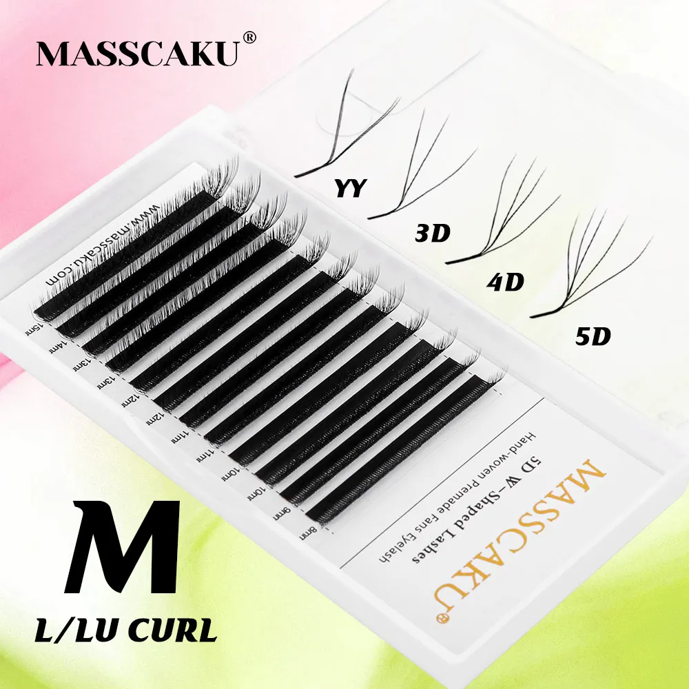 MASSCAKU 3D-5D New W-Shaped L LU M Curl False Eyelash Extensions Matte Black Natural Faux Lashes For Makeup Individual Eyelashes