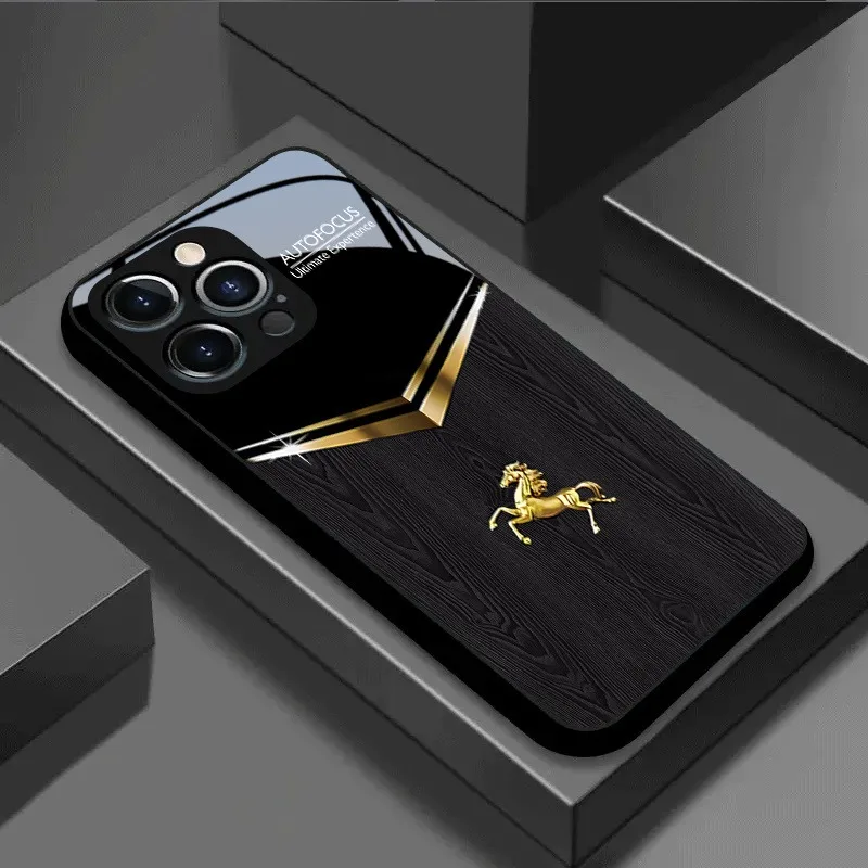 Simple Golden Horse Pattern Men's Tempered Glass Phone Case for Samsung Galaxy S24 S25 Ultra S23 Plus S25 FE Shockproof Cover
