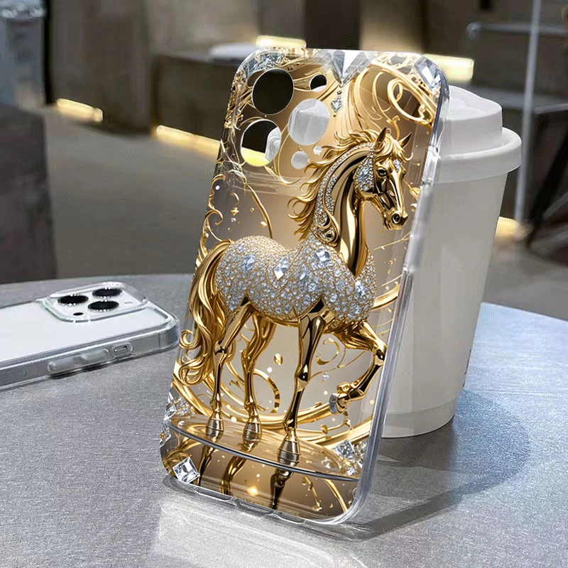 Golden Horse Diamond Case for Samsung Galaxy S26 S25 S24 Ultra S23 FE S22 Plus A57 A37 A17 A56 A16 A06 A36 A54 A15 A55 TPU Cover