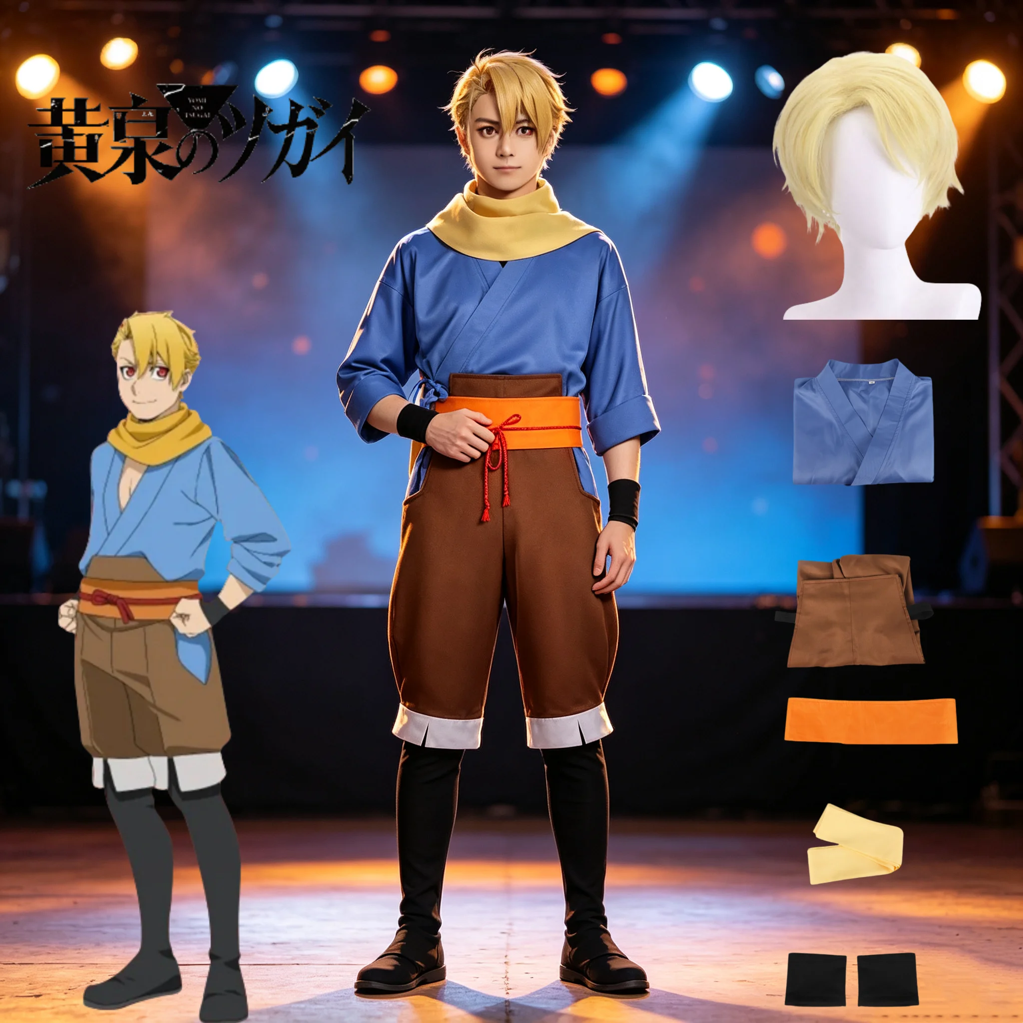 Yomi No Tsugai/Daemons of The Shadow Realm Yuru Asa Cosplay Costume Wig Top Pants Scarf and Accessories for Men Halloween