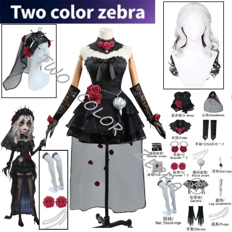 Game Identity V Psychologist Cosplay Costume Everlasting Night Ada Mesmer Gothic Black Lace Dress Set Red Rose Accessories Set