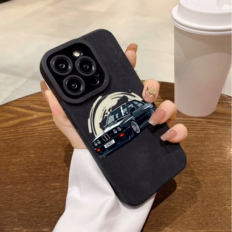 Black Sports Car Phone Case For iPhone 11 12 13 14 15 16 Plus 17 Pro 18 Pro Max Air X XR XS 7 8 Plus SE 2022 Faux Leather Cover