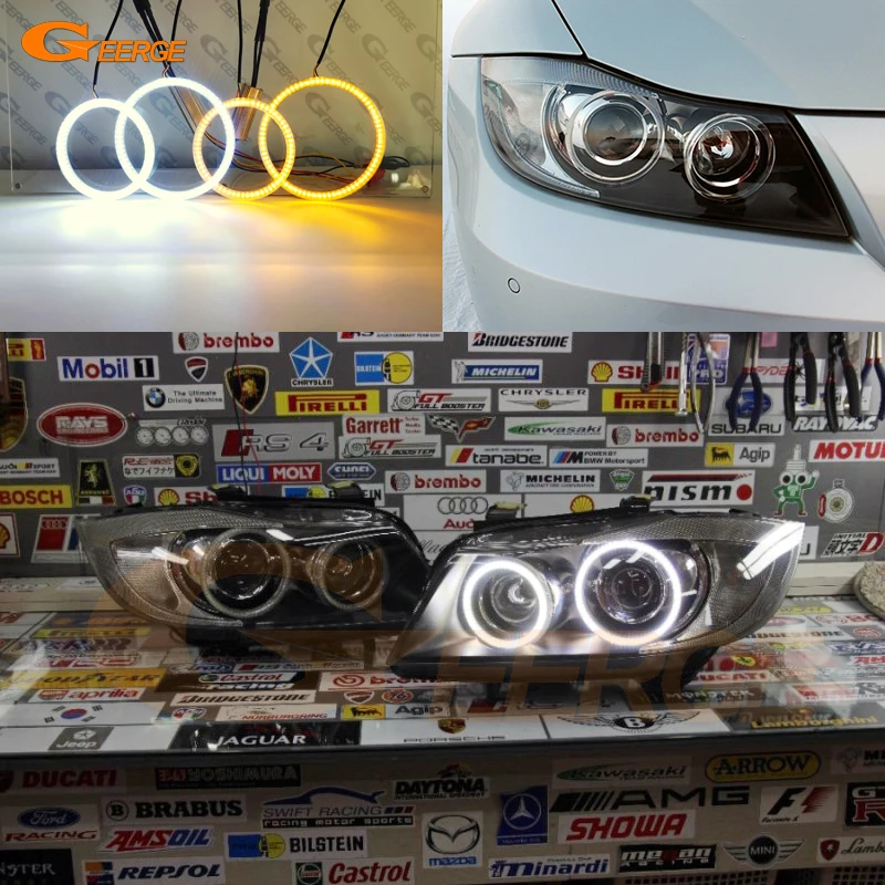 For BMW 3 Series E90 E91 2005 2006 2007 2008 Ultra Bright A/W Switchback Day Light Turn Signal SMD LED Angel Eyes Kit Halo Rings