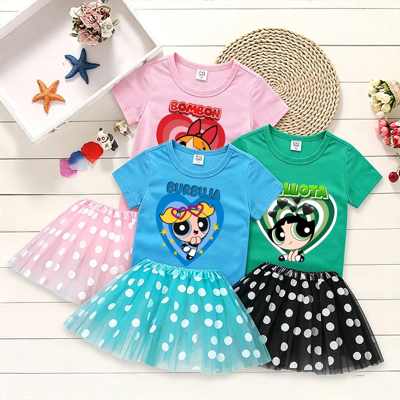 The Powerpuff Girls T-shirt Skirt 2pcs Set Cartoon Cute Short Sleeves Polka Dot Skirt Female Fashion Tees Woman Kawaii Clothes