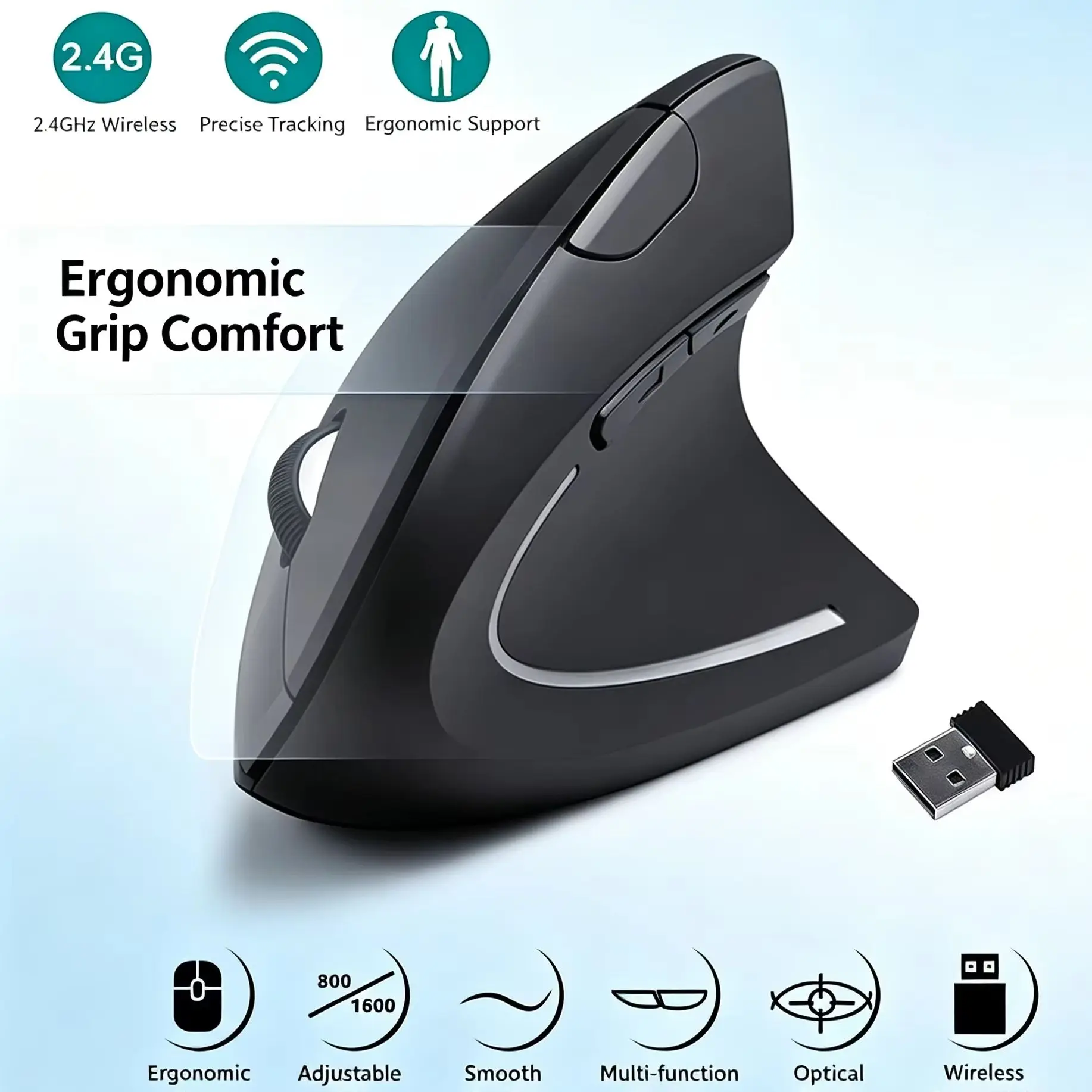 Vertical 2.4G Ergonomic Design Mouse,DPI Adjustable Wireless Optical Rechargeable Mouse With Mouse Skates For PC Computer Laptop