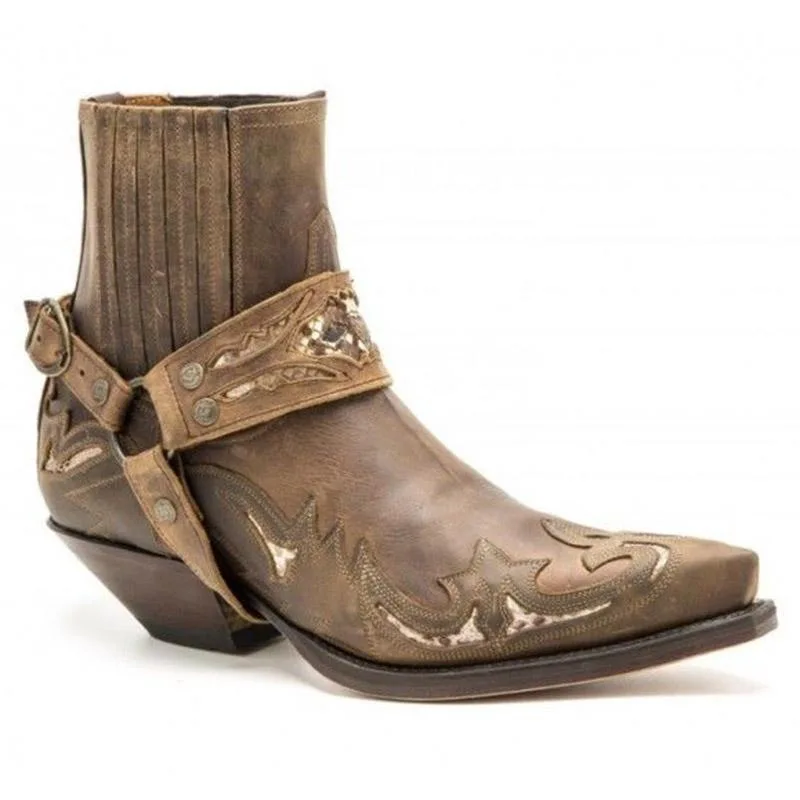Men's Distressed Leather Western Ankle Boots Embellished Strap Pointed Bold Rustic for Casual Ranch Autumn/winter Country Looks