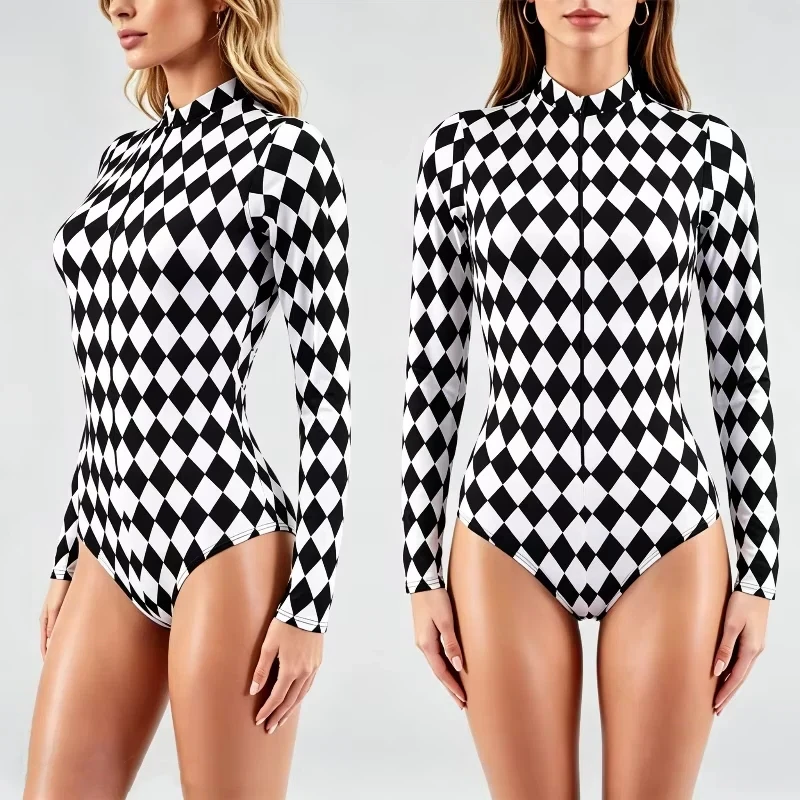 Women's Dark Clown Cosplay Black White Argyle Long Sleeve Bodysuit Retro High Neck Swimsuit Music Club Party Performance Costume