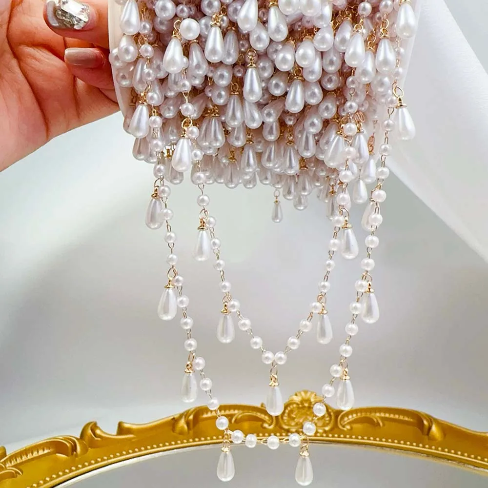 0.5M 1M Imitation Pearl Waterdrop Charm Beaded Chain Plastic White Ball Beads Copper Chains Necklace Cloth DIY Jewelry Making