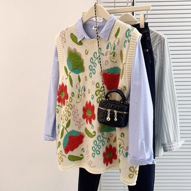 Top Women's Autumn Artistic Youthful Round Neck Pullover Loose Fit Plus Size Fashionable Knit Sleeveless Tank Top Comfortable
