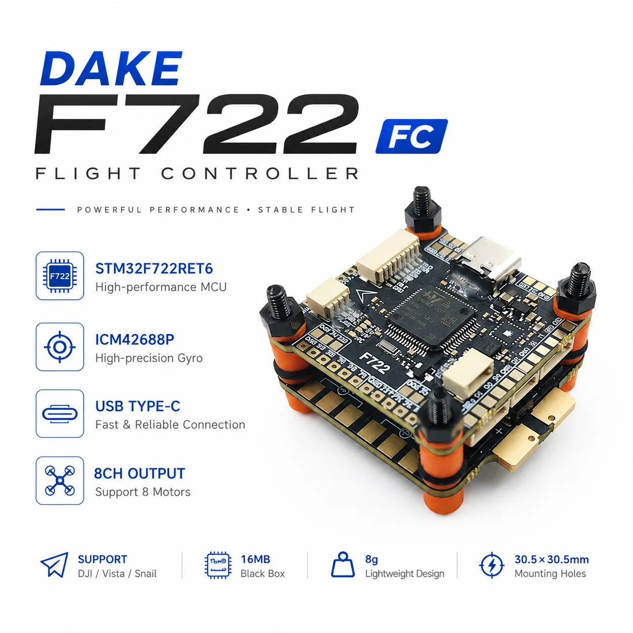 F722 FC Stack 8S FPV Drone – 55A/60A/70A ESC, 30.5mm, Direct‑Plug VTX & Solderless FC